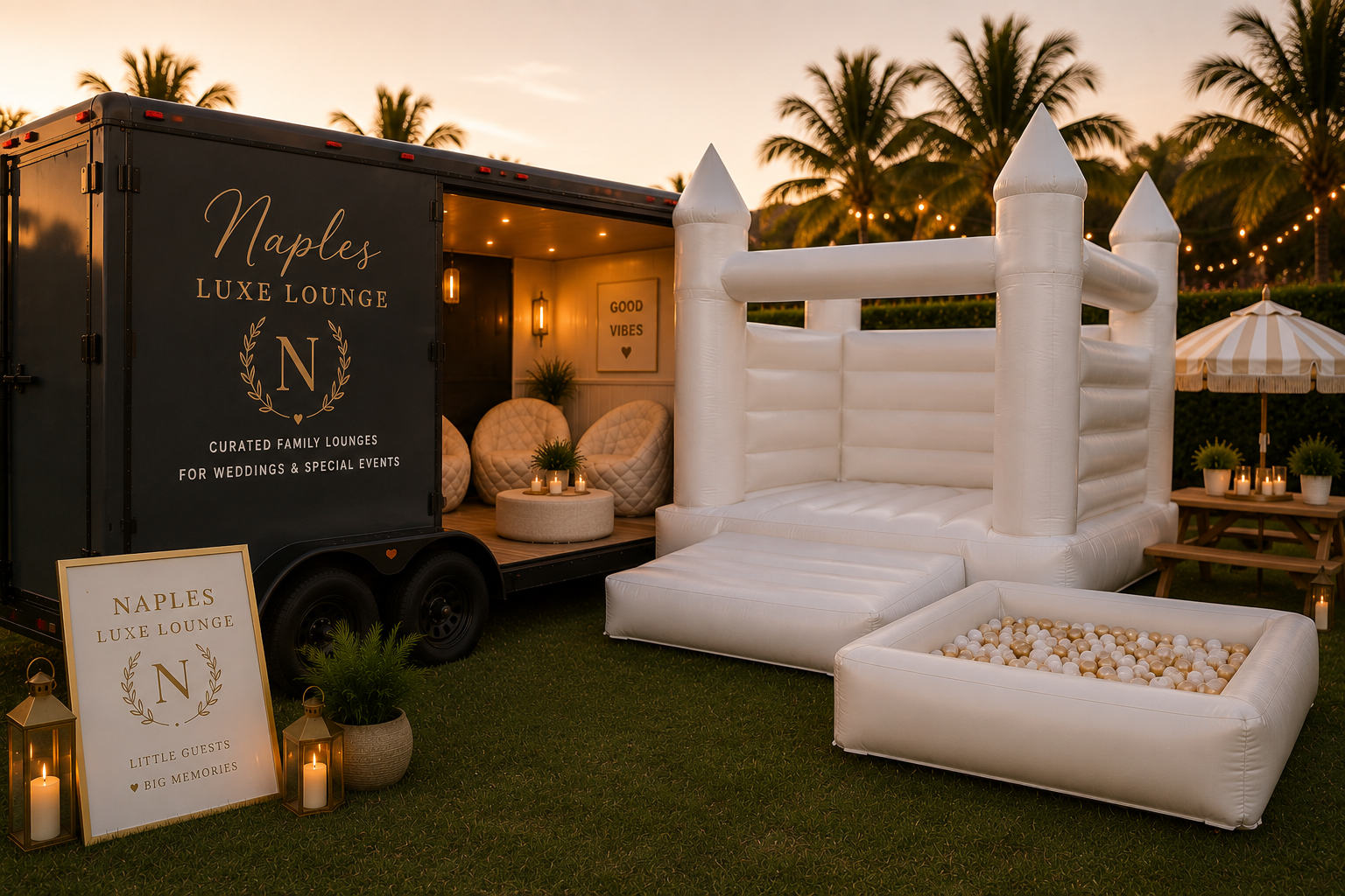 Naples Luxe Lounge complete package — open trailer lounge, white bounce house, ball pit and branded signage at golden hour