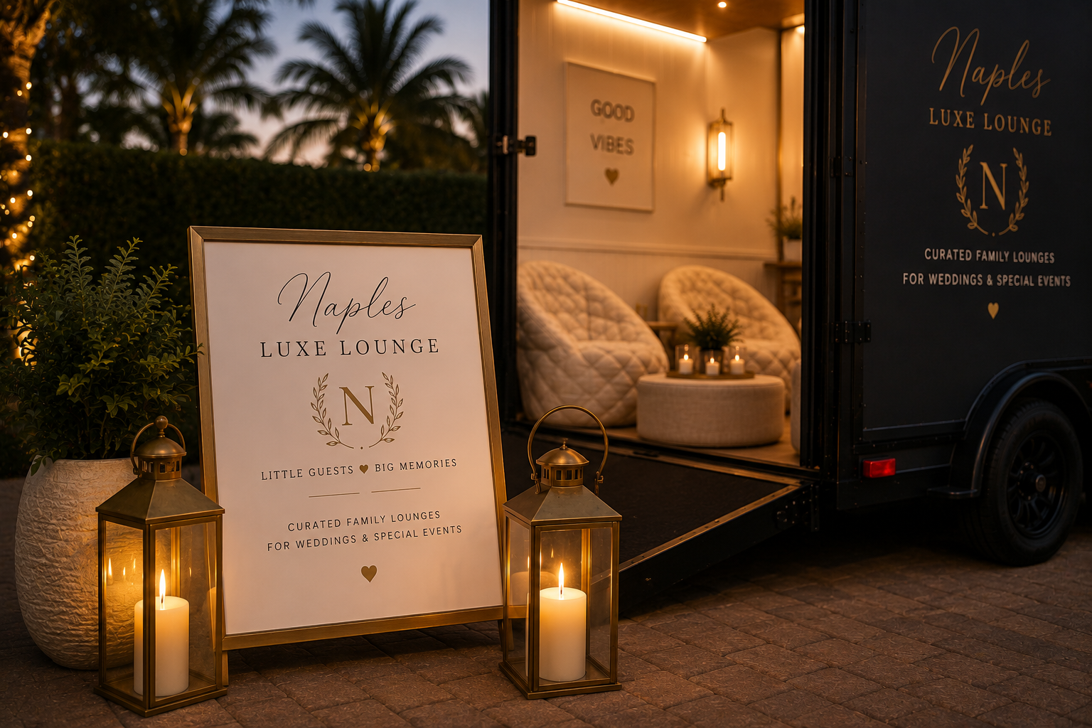 Naples Luxe Lounge candlelit entrance with branded sign and open trailer